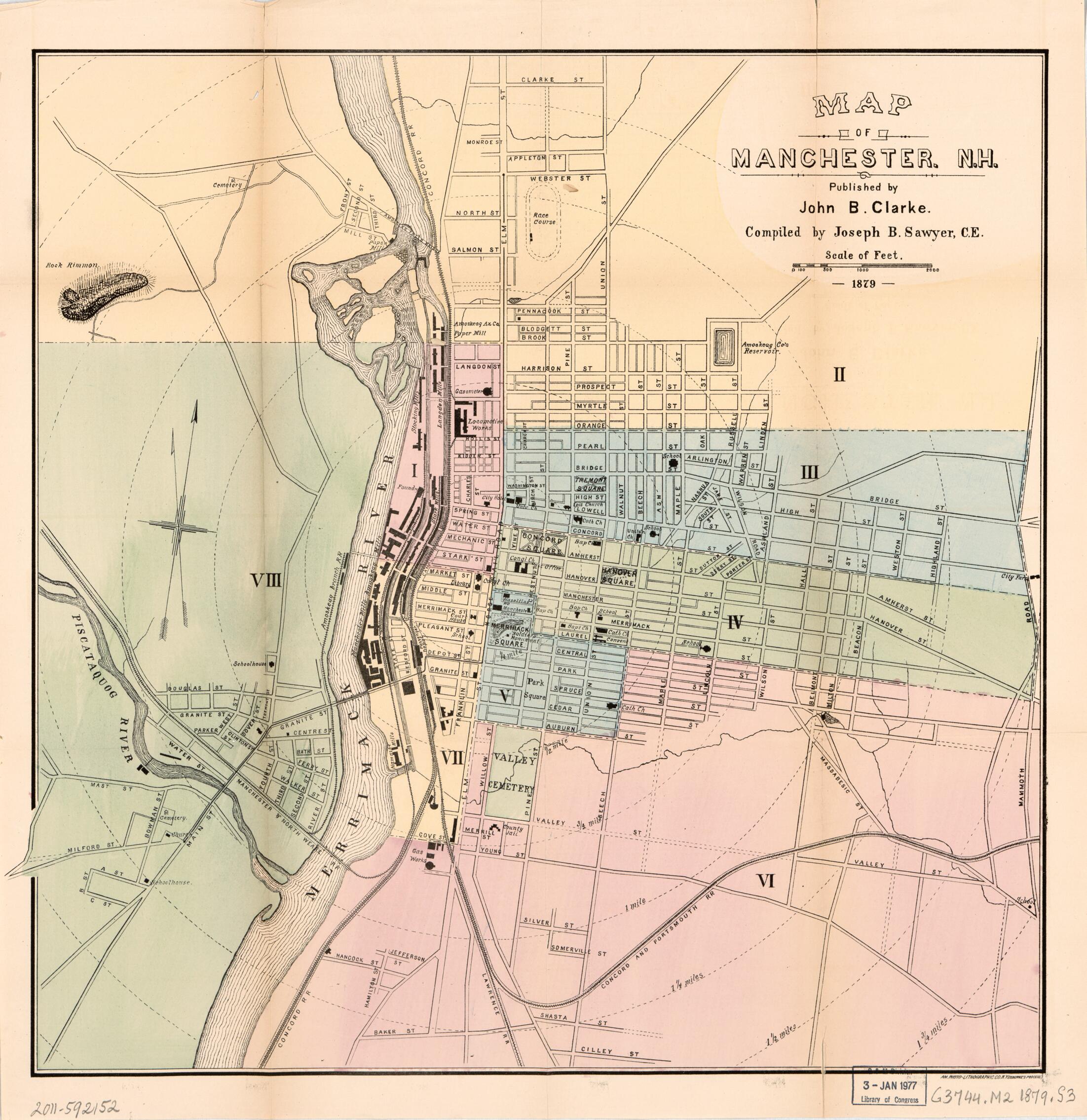 This old map of Map of Manchester, New Hampshire / Compiled by Joseph B. Sawyer, C.E. (Map of Manchester, New Hampshire) from 1879 was created by J. B. (Joseph Bartlett) Sawyer in 1879