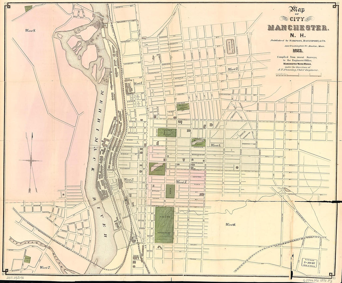 This old map of Map of the City of Manchester, New Hampshire : Compiled from Recent Surveys In the Engineers Office, Manchester Water Works from 1873 was created by John Thomas Fanning, J. Mayer & Co, Davenport & Co Sampson in 1873