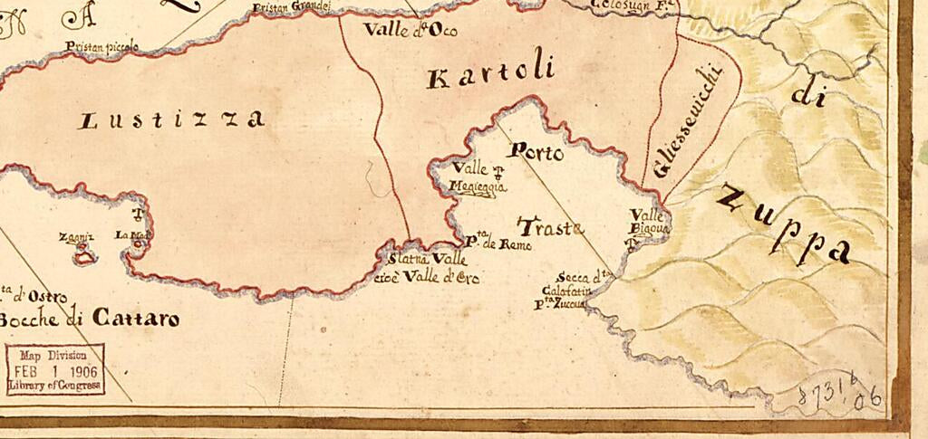 This old map of Dissegno Topografo Del Canale Di Cattaro Con Il Confine De Castelnovo E Risano from 1701 was created by Giouanni Grimani in 1701