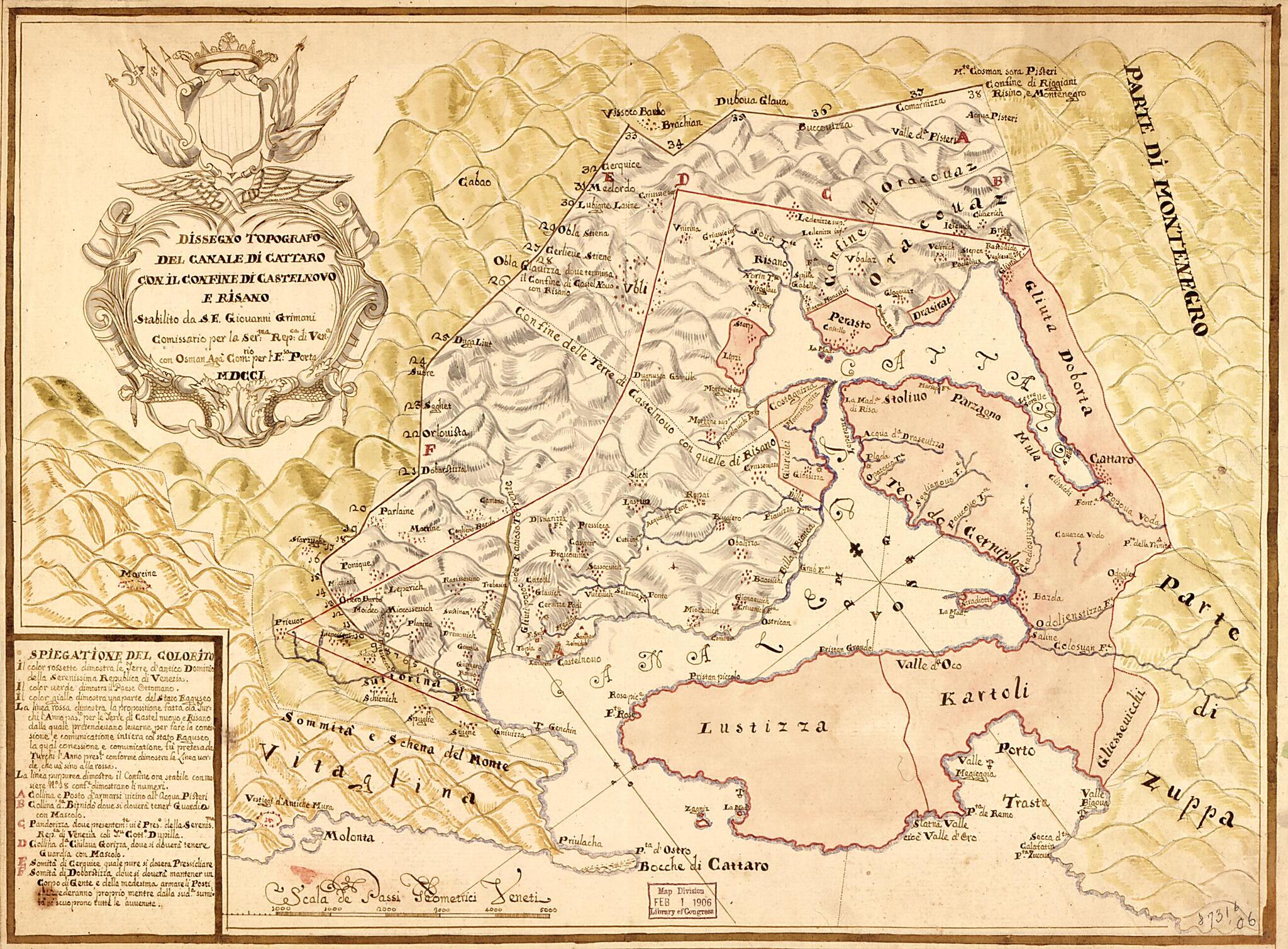 This old map of Dissegno Topografo Del Canale Di Cattaro Con Il Confine De Castelnovo E Risano from 1701 was created by Giouanni Grimani in 1701