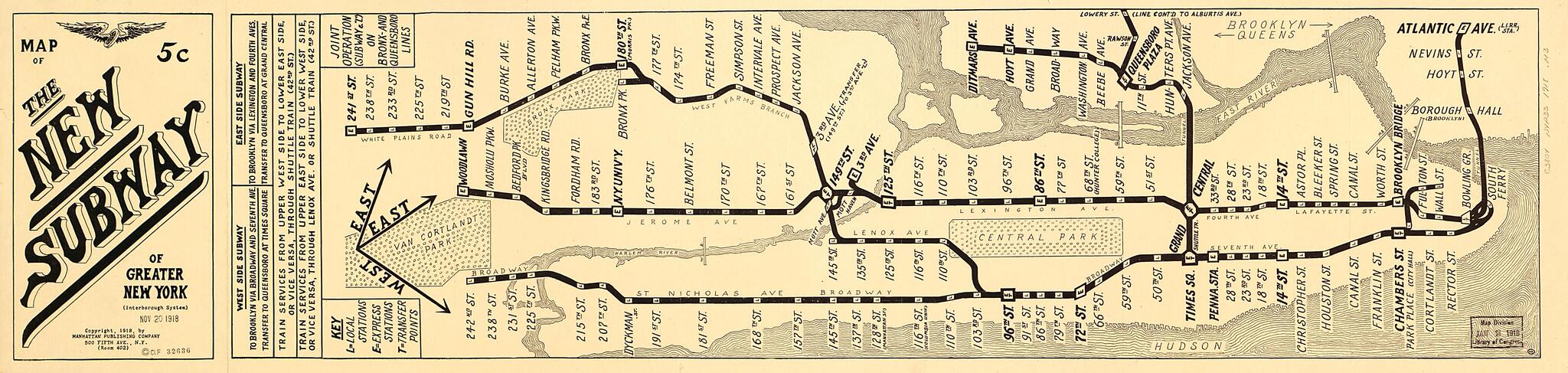 This old map of Map of the New Subway of Greater New York : (Interborrow System) from 1918 was created by Manhattan Publishing Company in 1918
