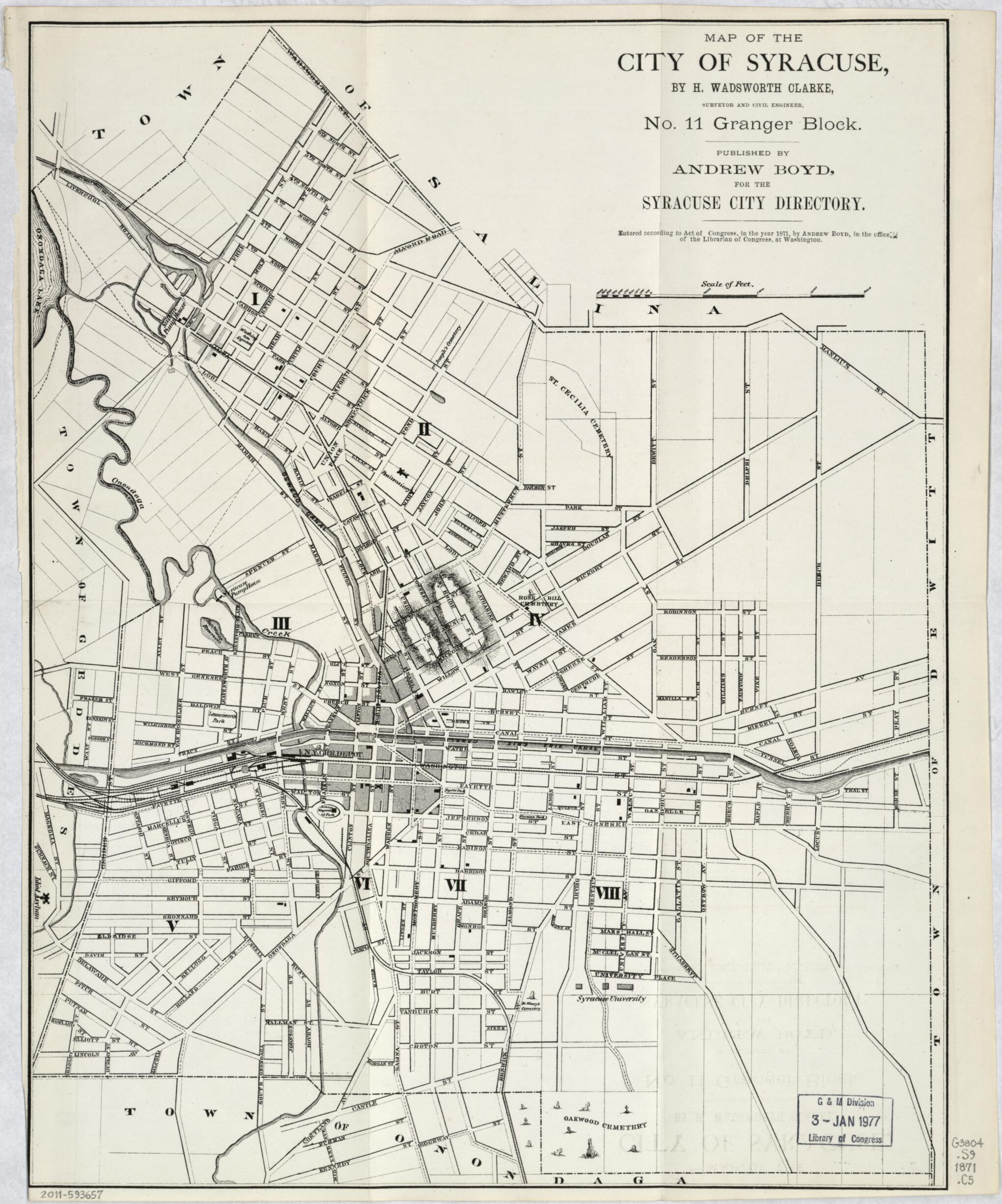 This old map of Map of the City of Syracuse from 1871 was created by H. Wadsworth Clarke in 1871