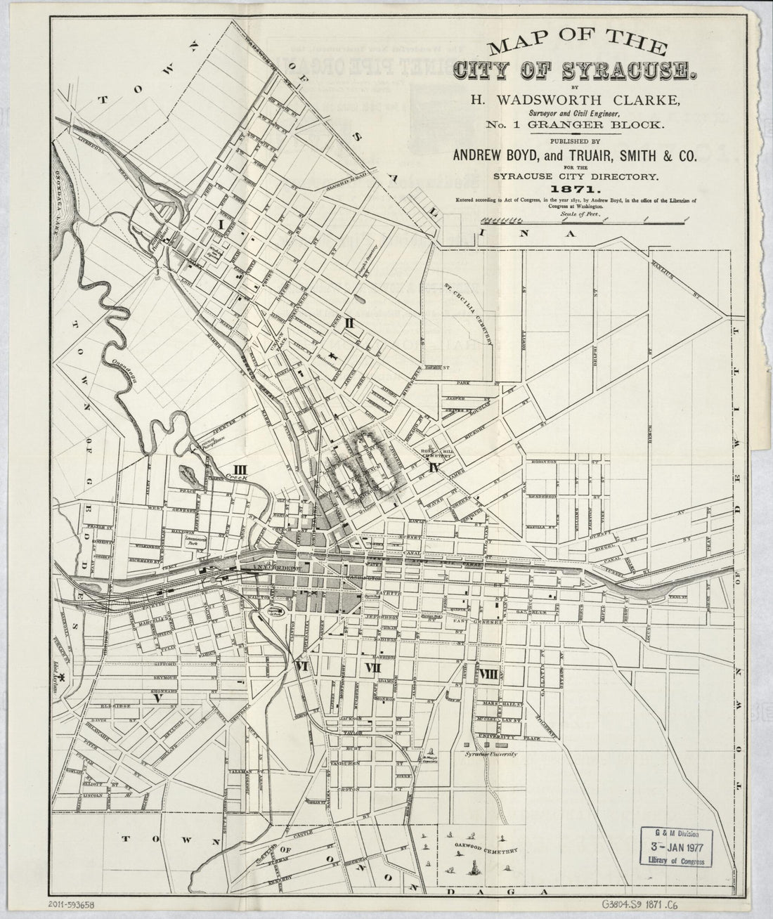 This old map of Map of the City of Syracuse from 1871 was created by H. Wadsworth Clarke in 1871
