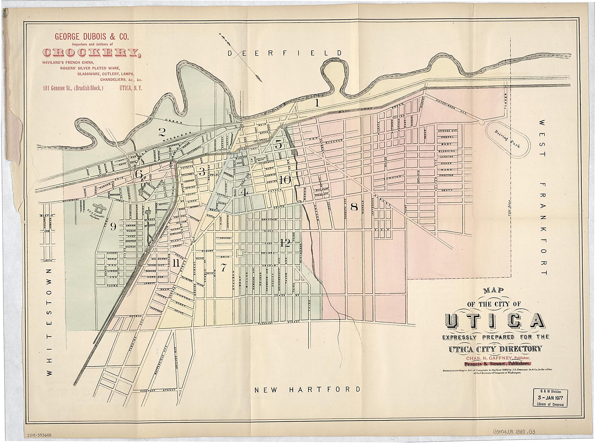 This old map of Map of the City of Utica from 1880 was created by Francis & Stewart, Chas. N. Gaffney, J.G. Stewart Jr. & Co in 1880