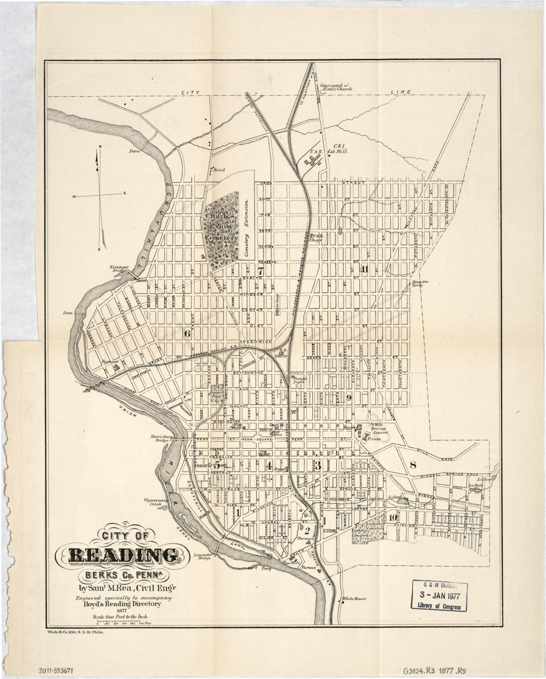 This old map of City of Reading, Berks Co. Penna from 1877 was created by Samuel Rea, Pa.) Wade & Co. (Philadelphia in 1877