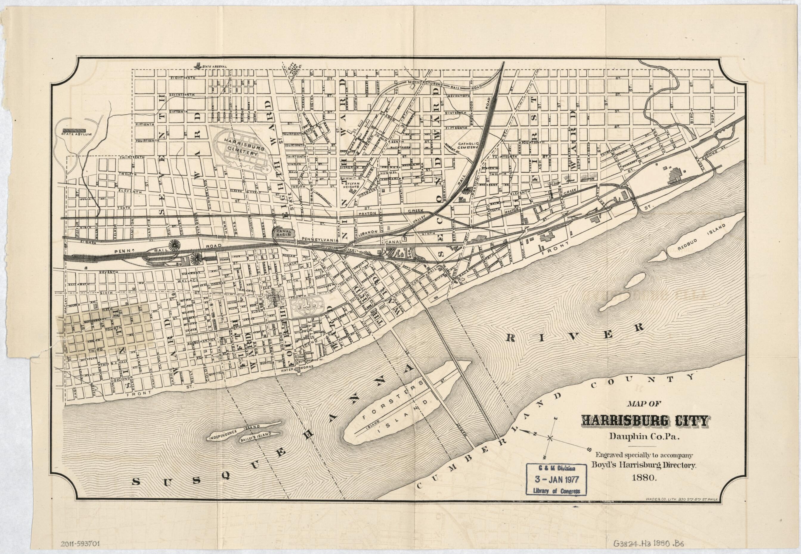 This old map of Map of Harrisburg City, Dauphin Co. Pennsylvania from 1880 was created by William Henry Boyd, Pa.) Wade & Co. (Philadelphia in 1880