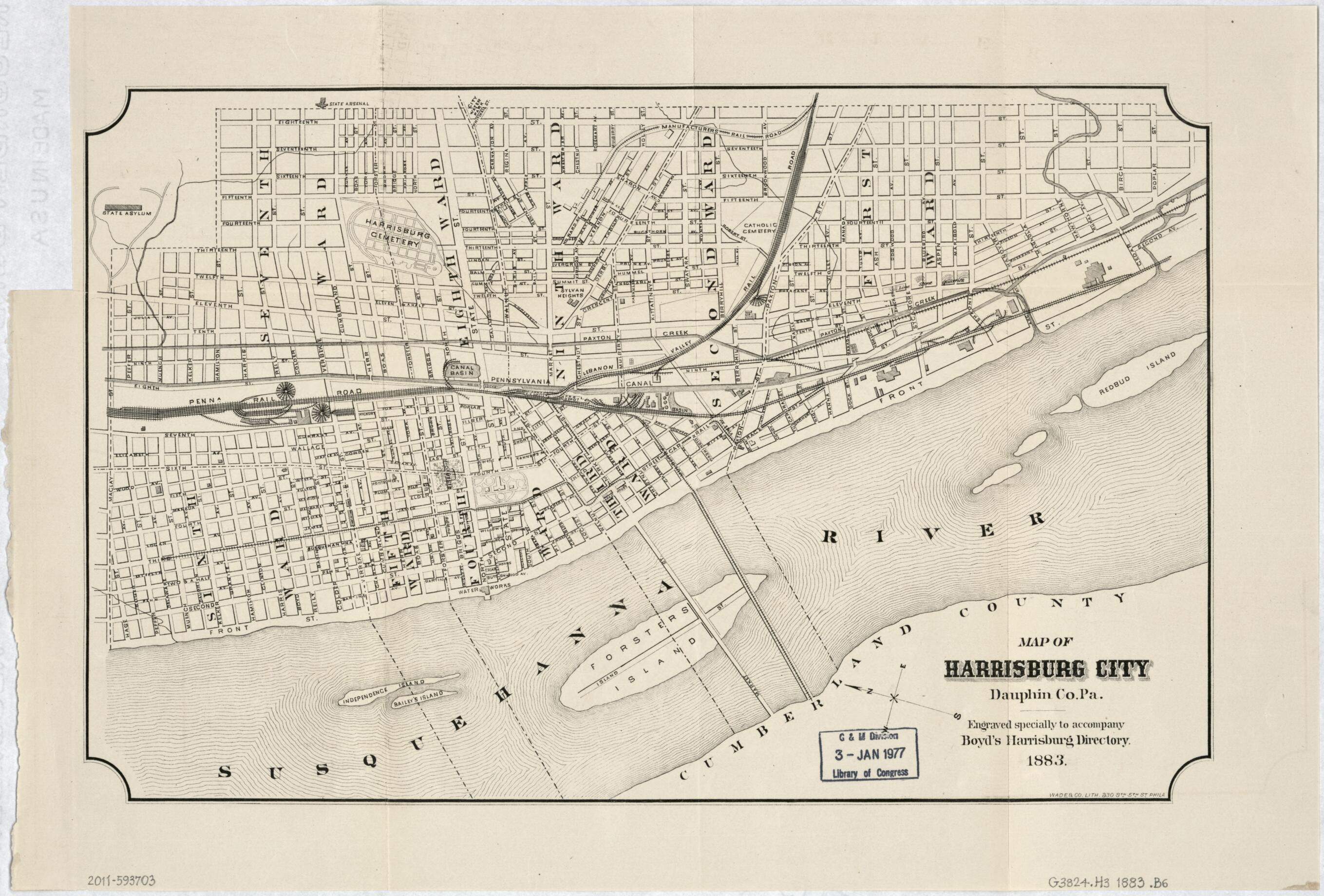 This old map of Map of Harrisburg City, Dauphin Co. Pennsylvania from 1883 was created by William Henry Boyd, Pa.) Wade & Co. (Philadelphia in 1883