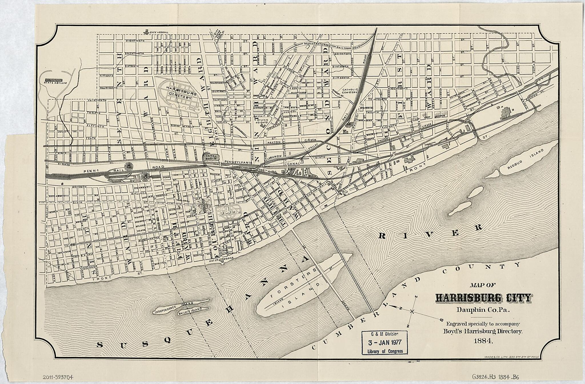 This old map of Map of Harrisburg City, Dauphin County Pennsylvania from 1884 was created by William Henry Boyd, Pa.) Wade & Co. (Philadelphia in 1884