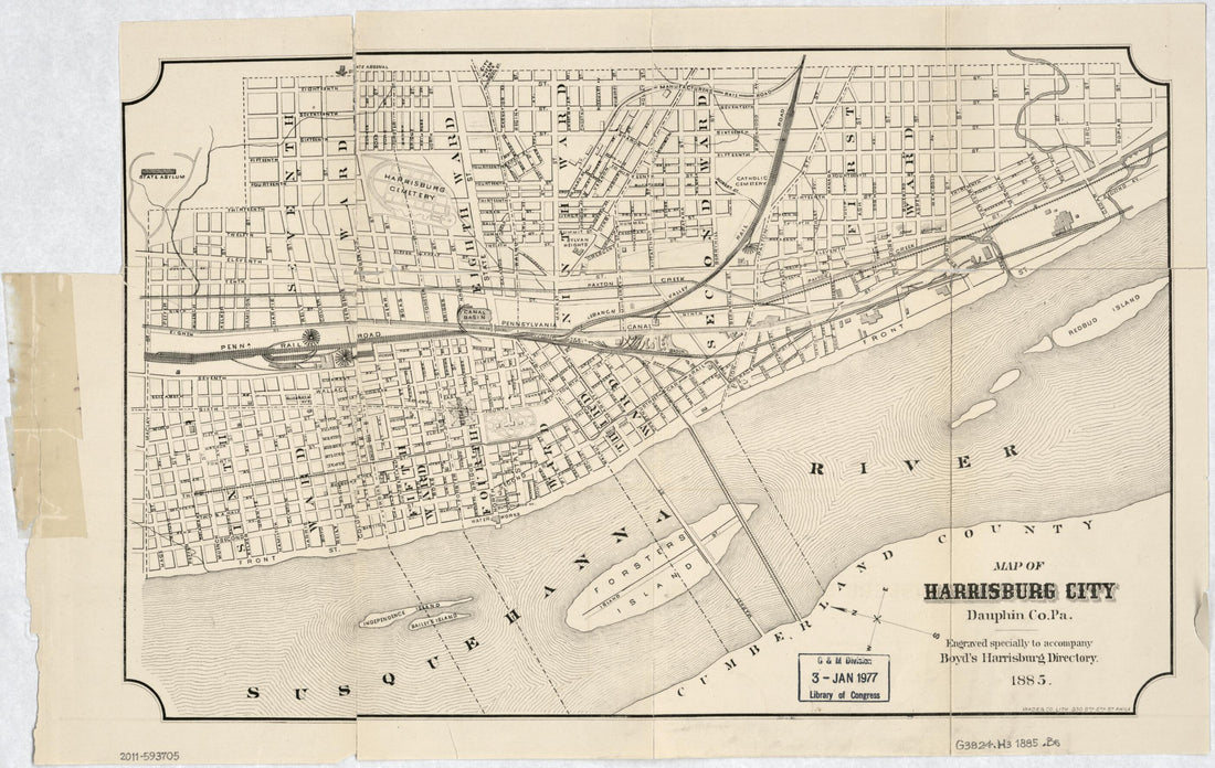 This old map of Map of Harrisburg City, Dauphin Co. Pennsylvania from 1885 was created by William Henry Boyd, Pa.) Wade & Co. (Philadelphia in 1885