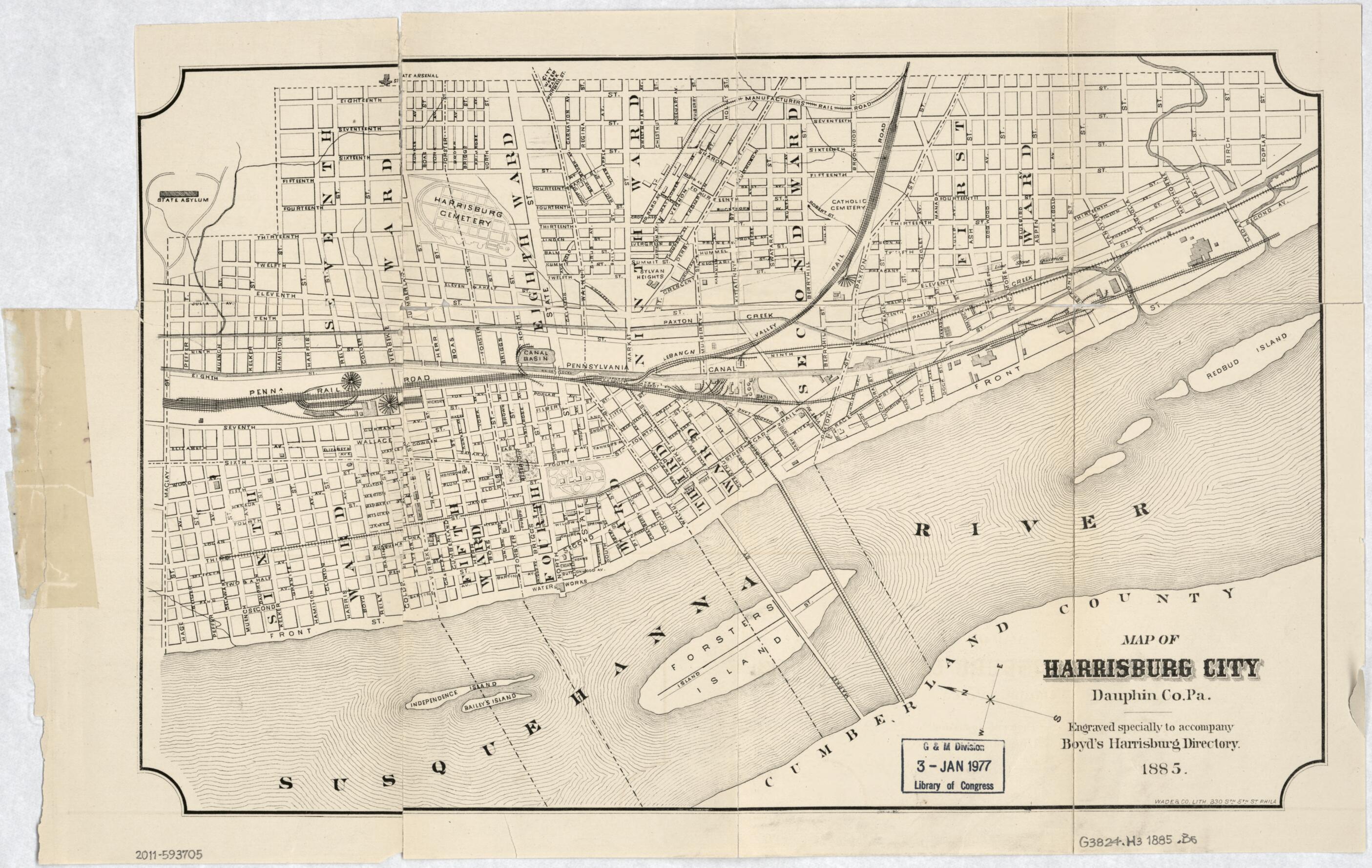 This old map of Map of Harrisburg City, Dauphin Co. Pennsylvania from 1885 was created by William Henry Boyd, Pa.) Wade & Co. (Philadelphia in 1885