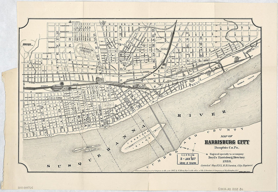 This old map of Map of Harrisburg City, Dauphin County Pennsylvania from 1888 was created by William Henry Boyd, M. B. Cowden, Harrisburg (Pa.). City Engineer in 1888