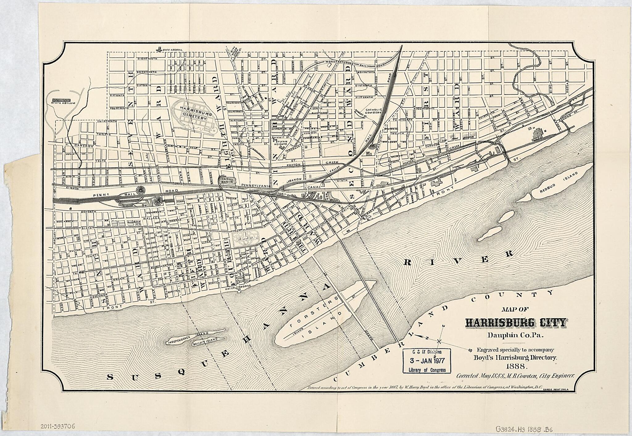 This old map of Map of Harrisburg City, Dauphin County Pennsylvania from 1888 was created by William Henry Boyd, M. B. Cowden, Harrisburg (Pa.). City Engineer in 1888