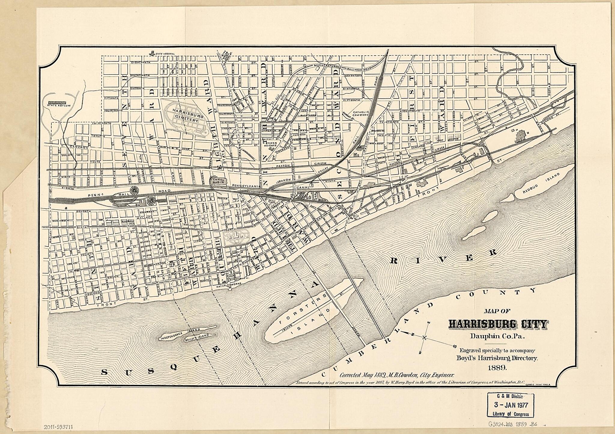 This old map of Map of Harrisburg City, Dauphin County Pennsylvania from 1889 was created by William Henry Boyd, M. B. Cowden, Harrisburg (Pa.). City Engineer in 1889