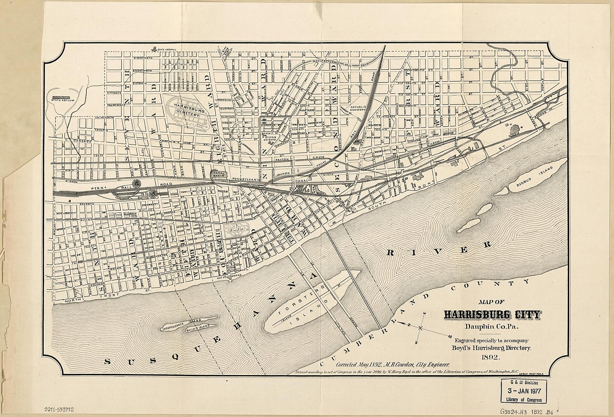 This old map of Map of Harrisburg City, Dauphin County Pennsylvania from 1892 was created by William Henry Boyd, M. B. Cowden, Harrisburg (Pa.). City Engineer in 1892