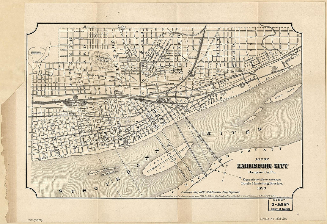 This old map of Map of Harrisburg City, Dauphin County Pennsylvania from 1893 was created by William Henry Boyd, M. B. Cowden, Harrisburg (Pa.). City Engineer in 1893