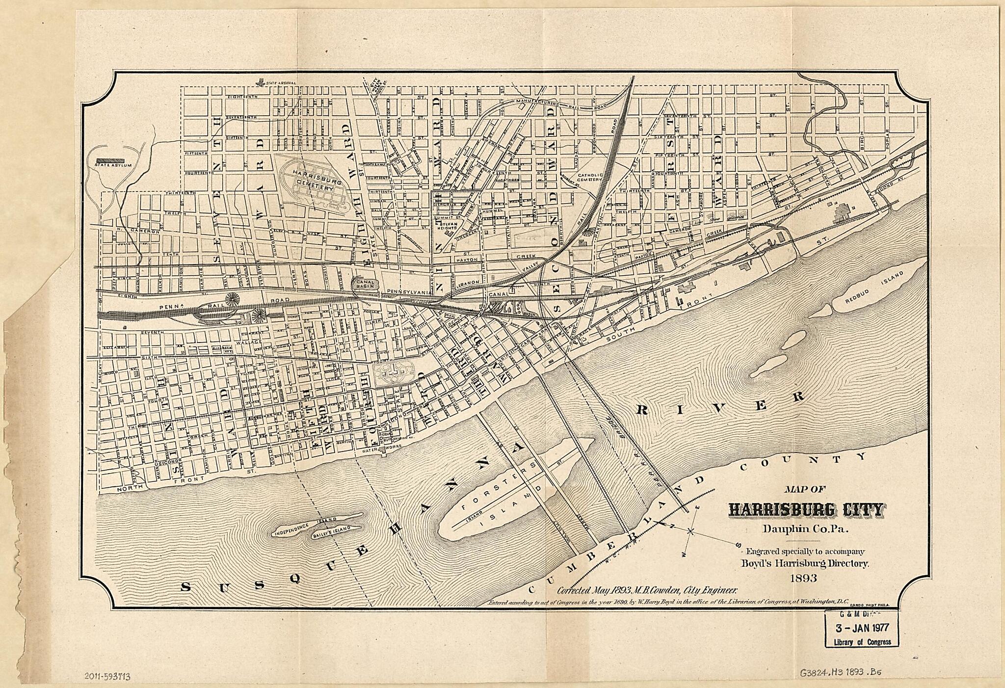 This old map of Map of Harrisburg City, Dauphin County Pennsylvania from 1893 was created by William Henry Boyd, M. B. Cowden, Harrisburg (Pa.). City Engineer in 1893