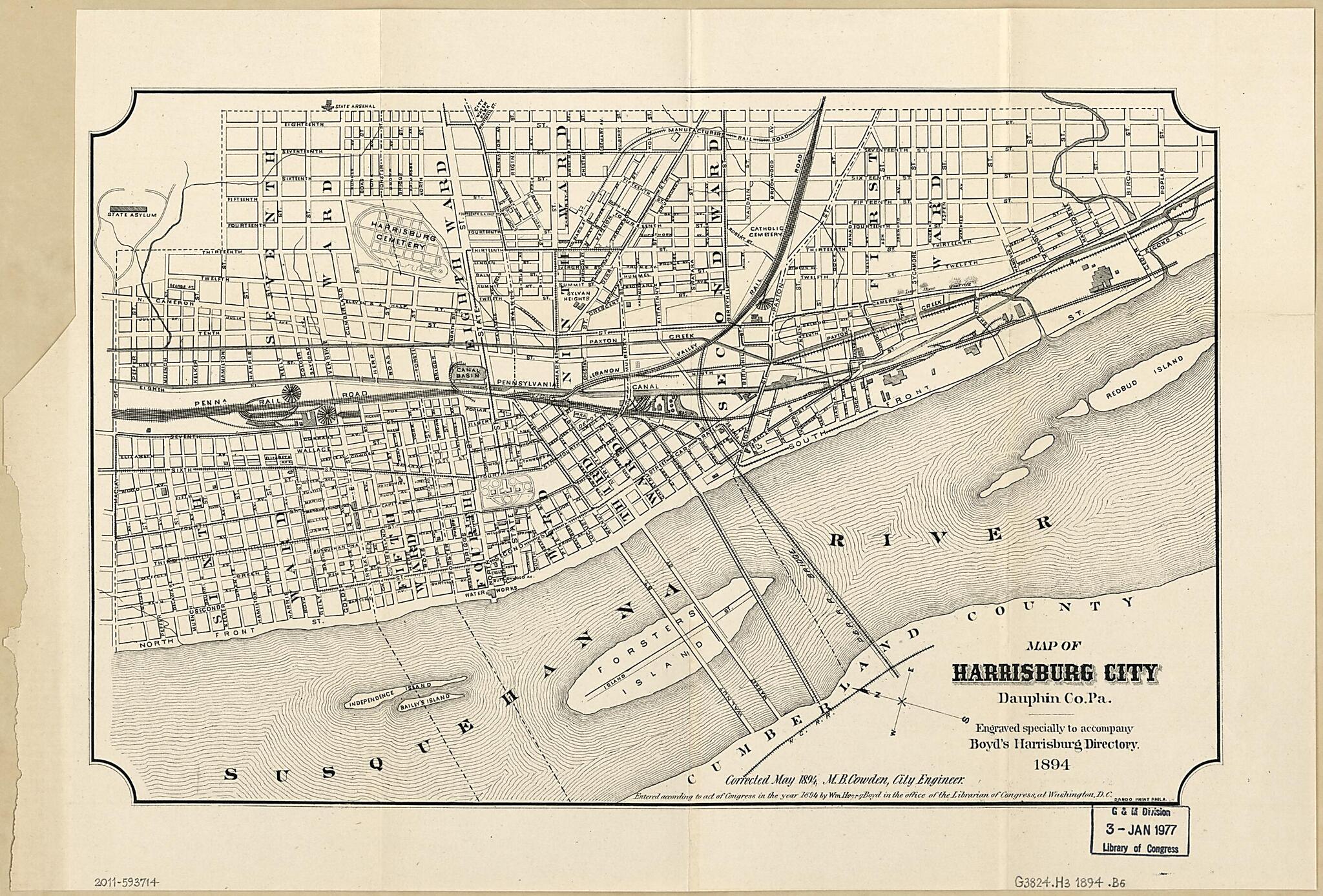 This old map of Map of Harrisburg City, Dauphin County Pennsylvania from 1894 was created by William Henry Boyd, M. B. Cowden, Harrisburg (Pa.). City Engineer in 1894
