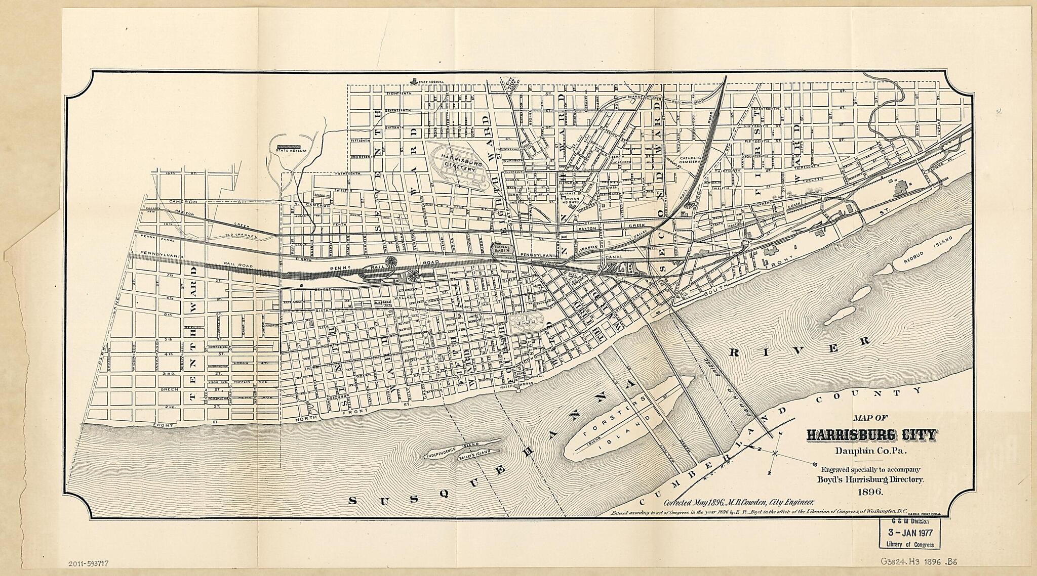 This old map of Map of Harrisburg City, Dauphin County Pennsylvania from 1896 was created by E. R. Boyd, M. B. Cowden, Harrisburg (Pa.). City Engineer in 1896