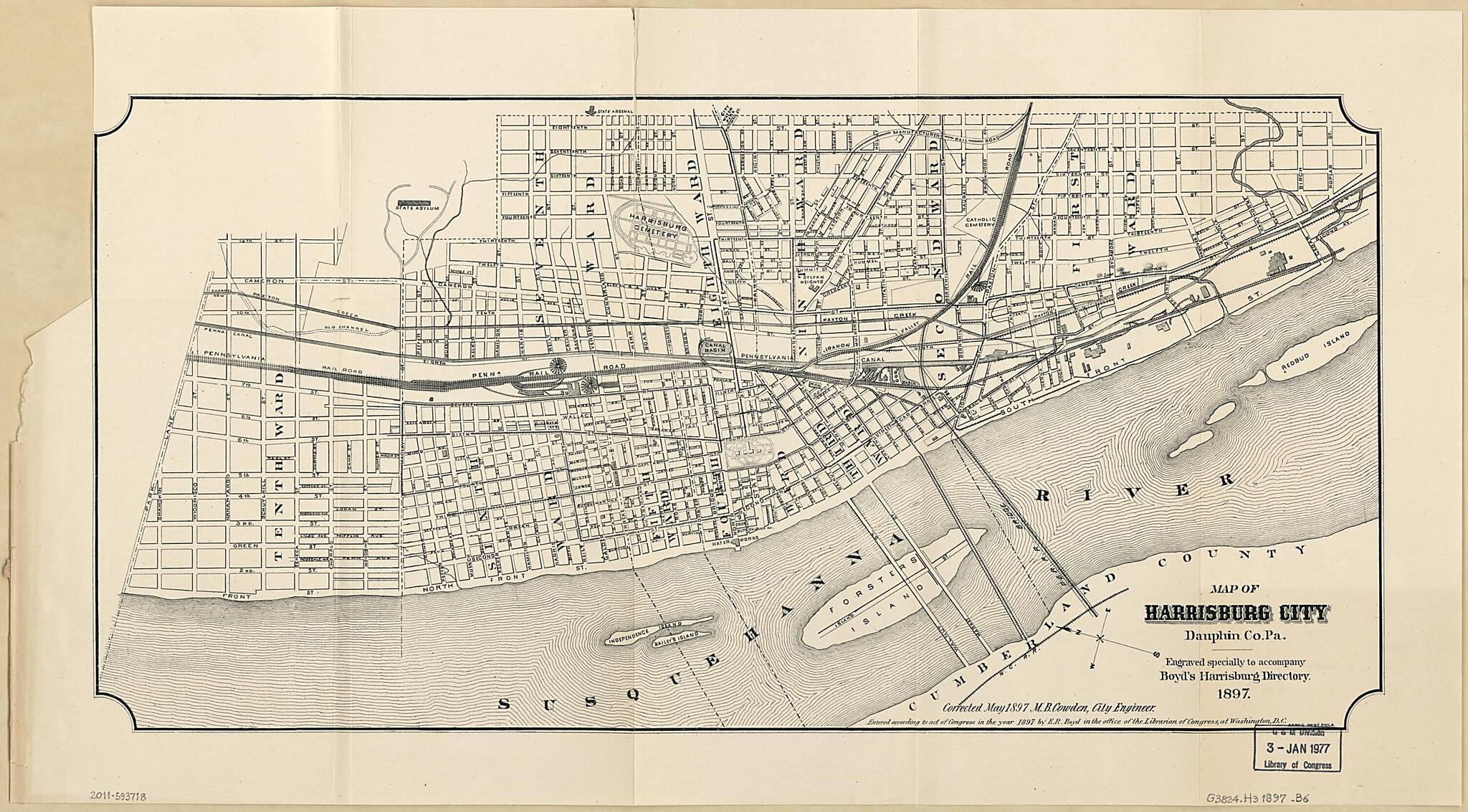 This old map of Map of Harrisburg City, Dauphin County Pennsylvania from 1897 was created by E. R. Boyd, M. B. Cowden, Harrisburg (Pa.). City Engineer in 1897