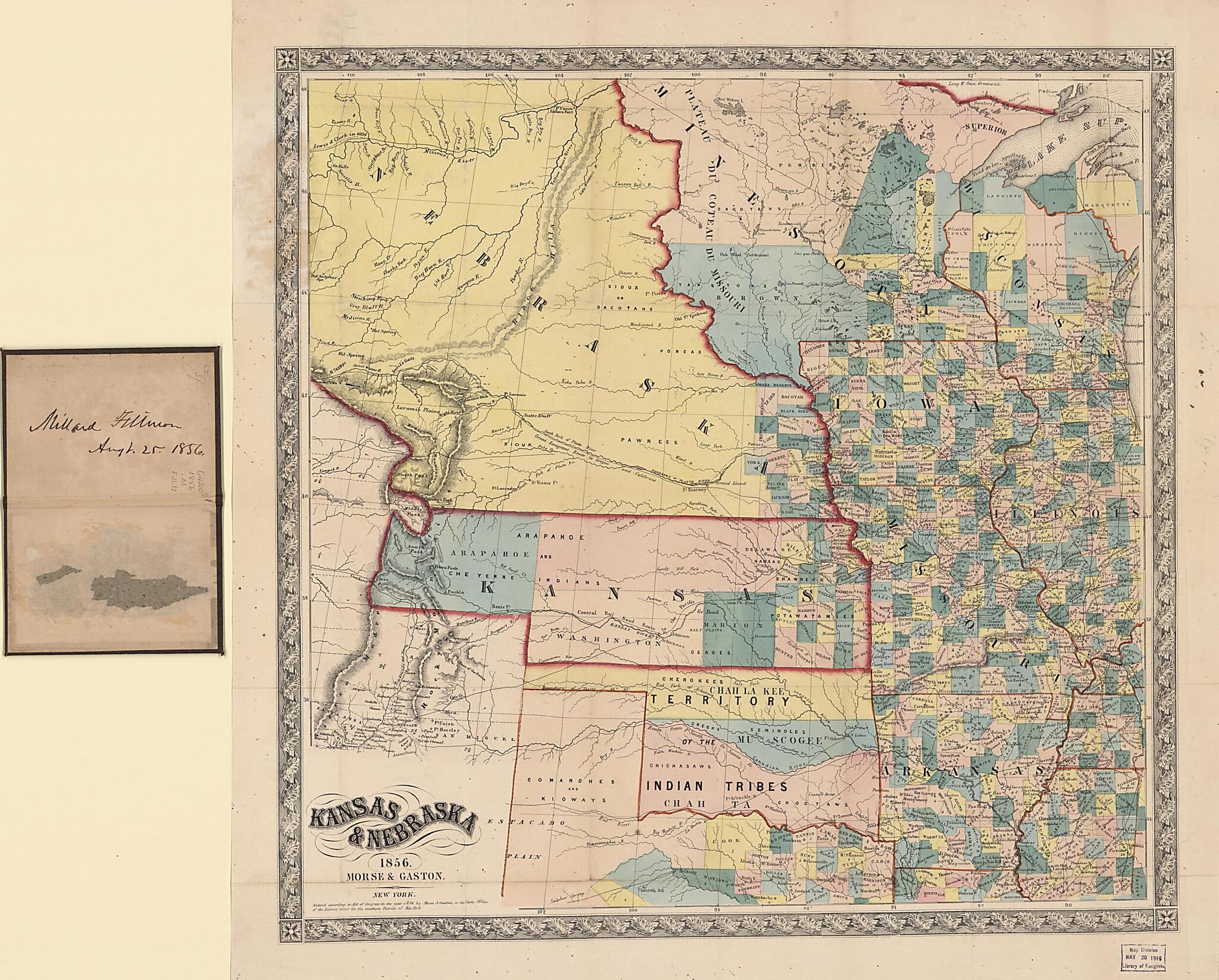 This old map of Kansas & Nebraska. (Kansas and Nebraska) from 1856 was created by Millard Fillmore, Morse & Gaston in 1856
