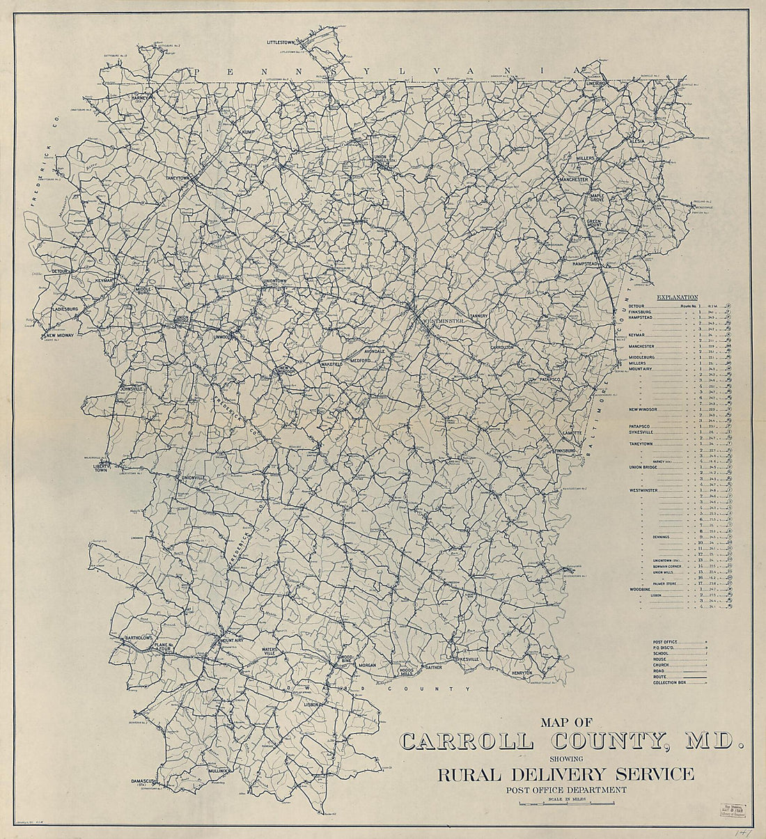 This old map of Map of Carroll County, Md., Showing Rural Delivery Service from 1911 was created by United States. Post Office Department in 1911