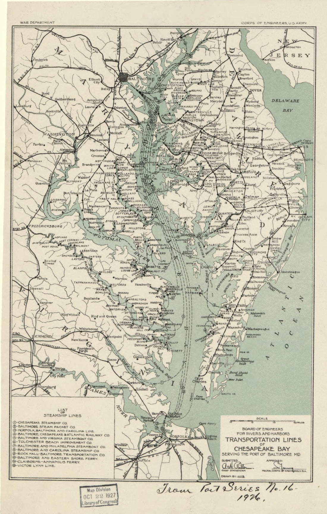This old map of Transportation Lines of Chesapeake Bay Serving the Port of Baltimore MD from 1926 was created by Alfred H. (Alfred Hotchkiss) Ritter, United States. Army. Corps of Engineers, United States. Board of Engineers for Rivers and Harbors in 1
