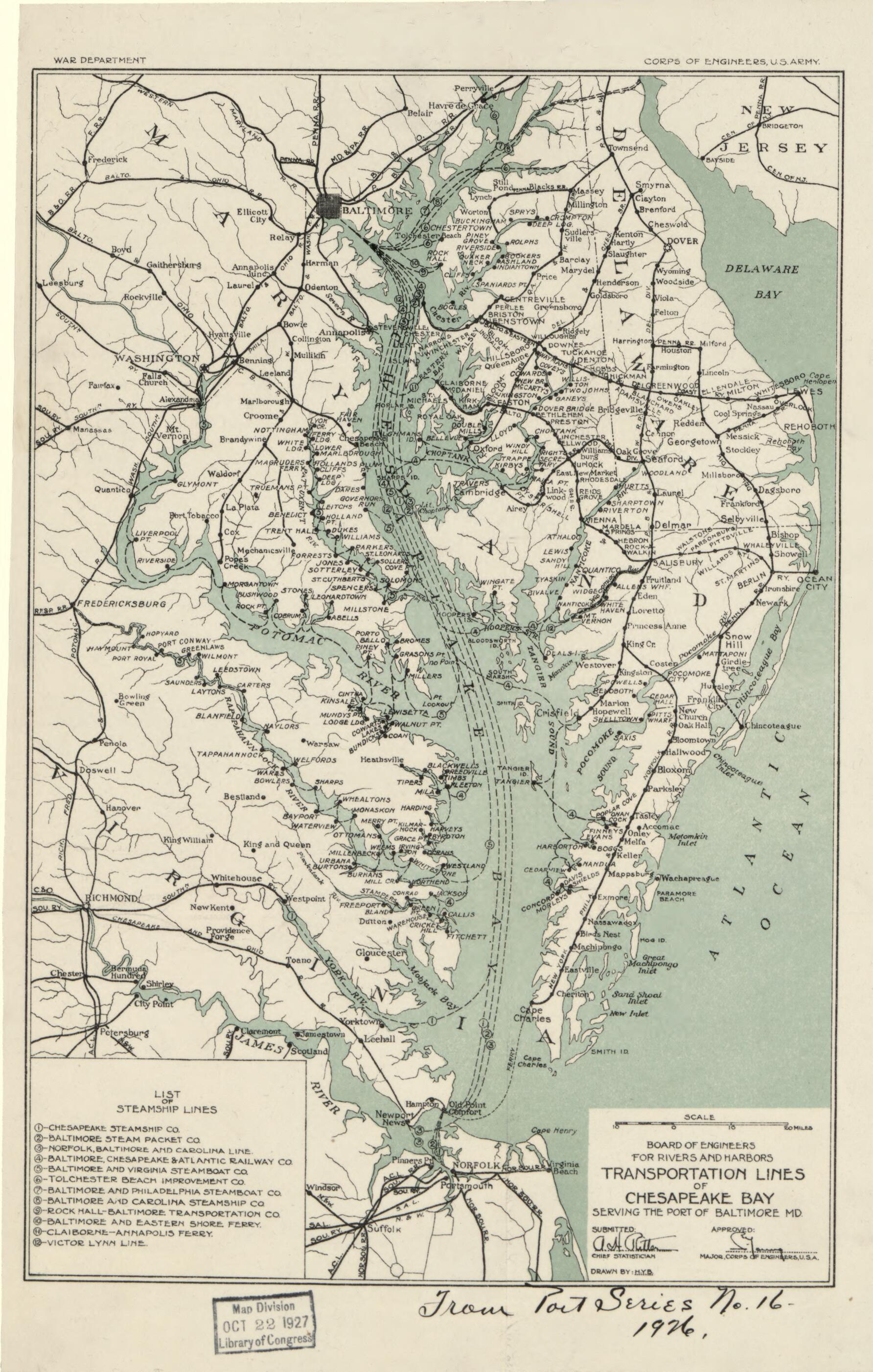 This old map of Transportation Lines of Chesapeake Bay Serving the Port of Baltimore MD from 1926 was created by Alfred H. (Alfred Hotchkiss) Ritter, United States. Army. Corps of Engineers, United States. Board of Engineers for Rivers and Harbors in 1