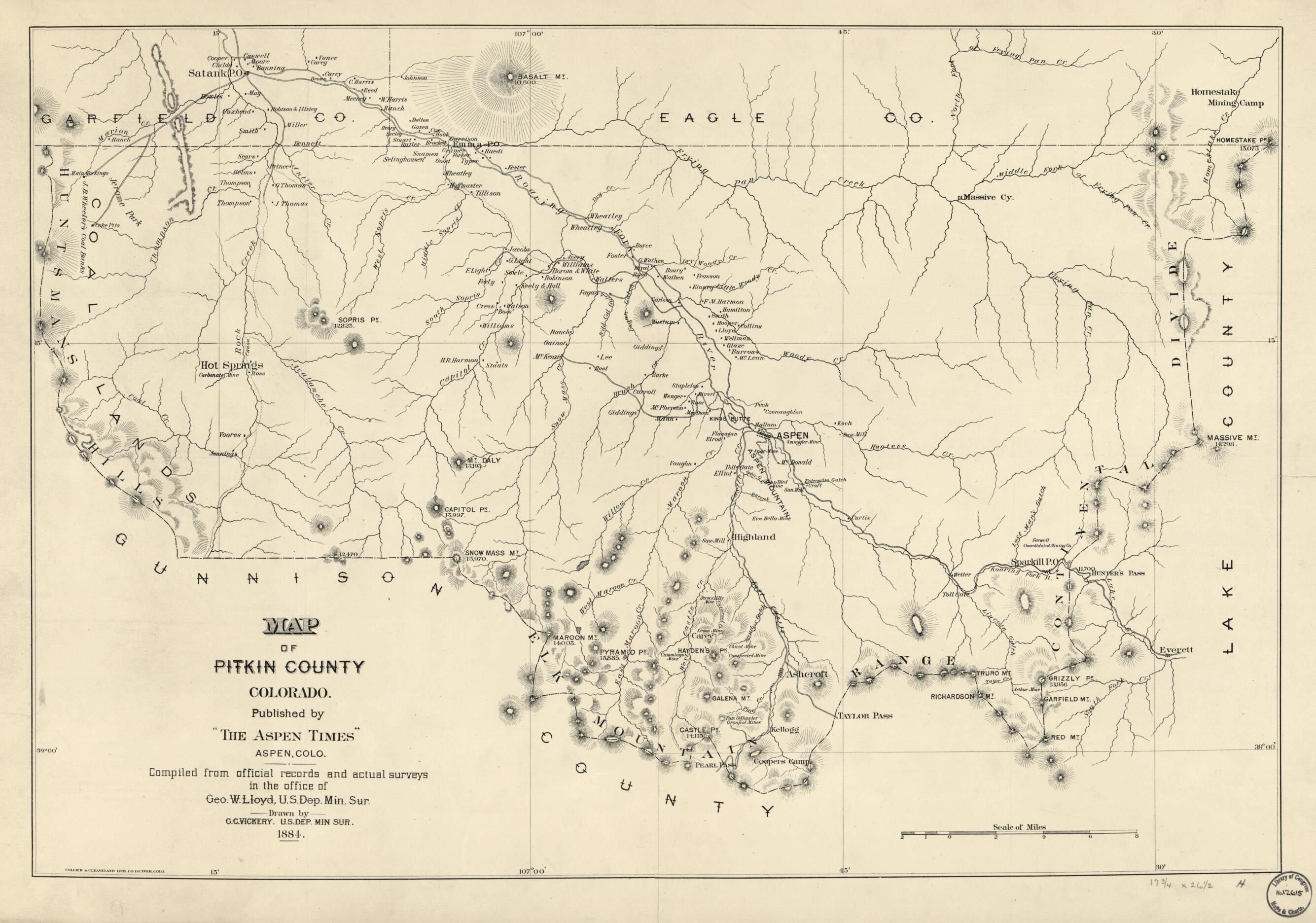 This old map of Map of Pitkin County, Colorado from 1884 was created by G. C. Vickery in 1884