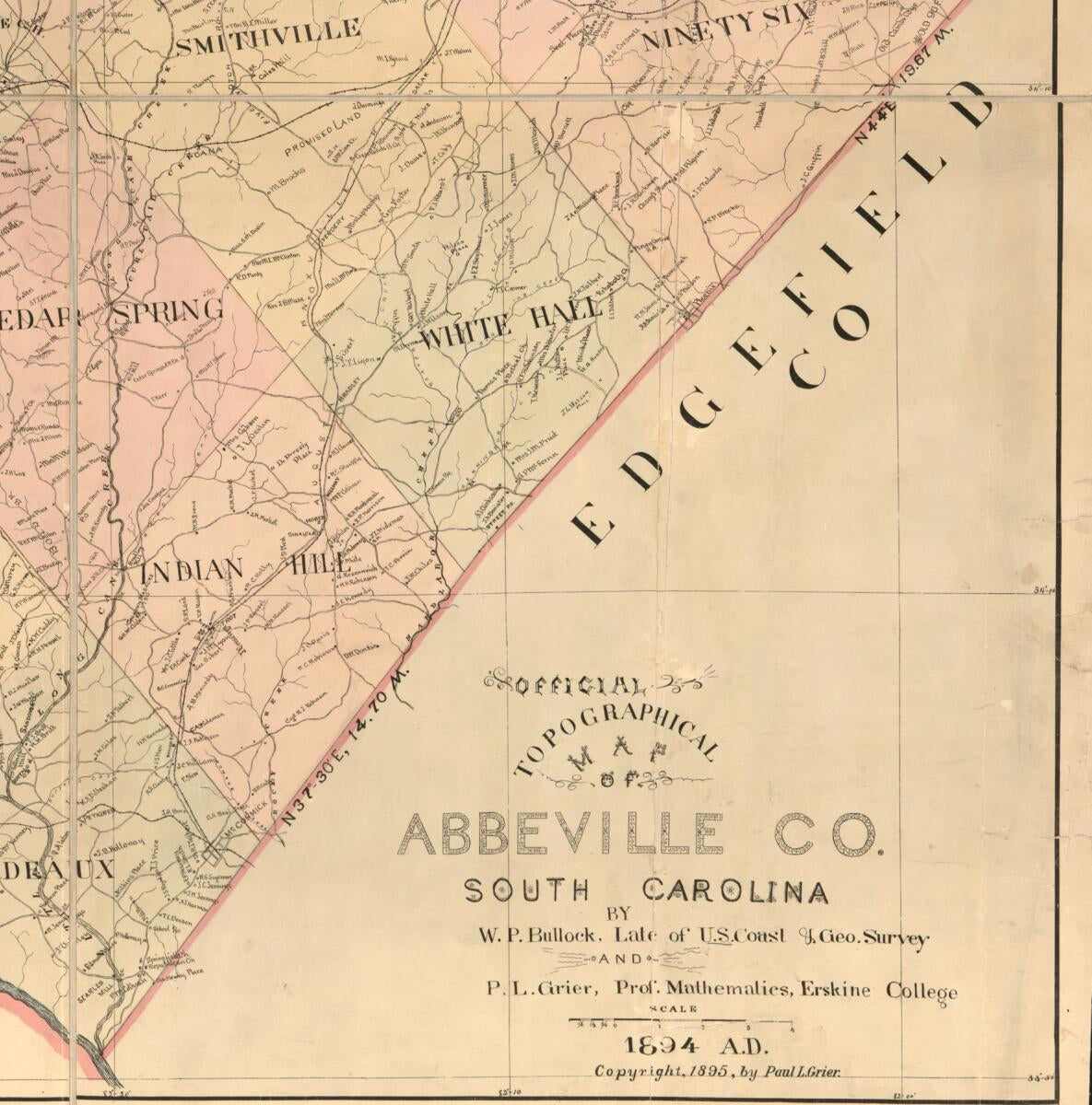 This old map of Official Topographical Map of Abbeville Co., South Carolina (Topographical Map of Abbeville County, South Carolina, Map of Abbeville County, South Carolina) from 1895 was created by W. P. (William P.) Bullock, Paul L. Grier in 1895