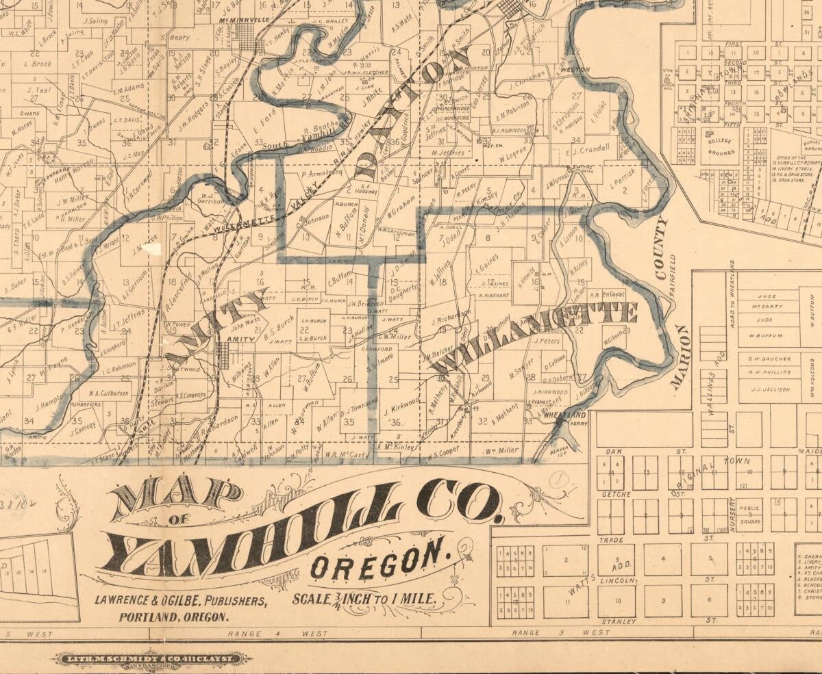 This old map of Map of Yamhill Co., Oregon. (Map of Yamhill County, Oregon) from 1879 was created by Publishers Lawrence & Ogilbe,  M. Schmidt & Co in 1879