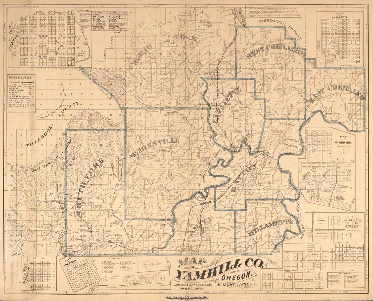 This old map of Map of Yamhill Co., Oregon. (Map of Yamhill County, Oregon) from 1879 was created by Publishers Lawrence & Ogilbe,  M. Schmidt & Co in 1879