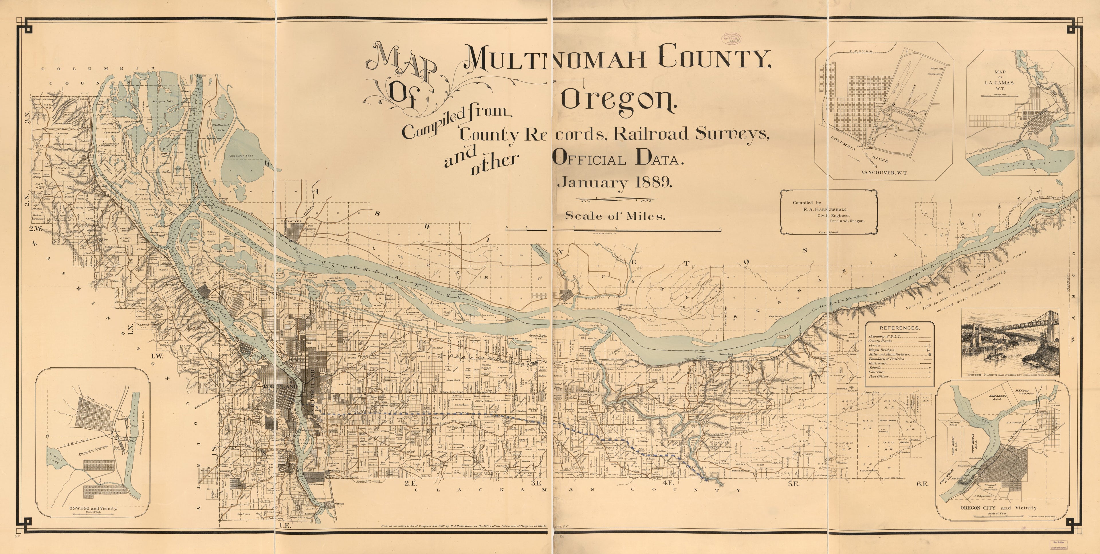 This old map of Map of Multnomah County, Oregon : Compiled from County Records, Railroad Surveys, and Other Official Data from 1889 was created by Robert A. Habersham,  Julius Bien & Co in 1889