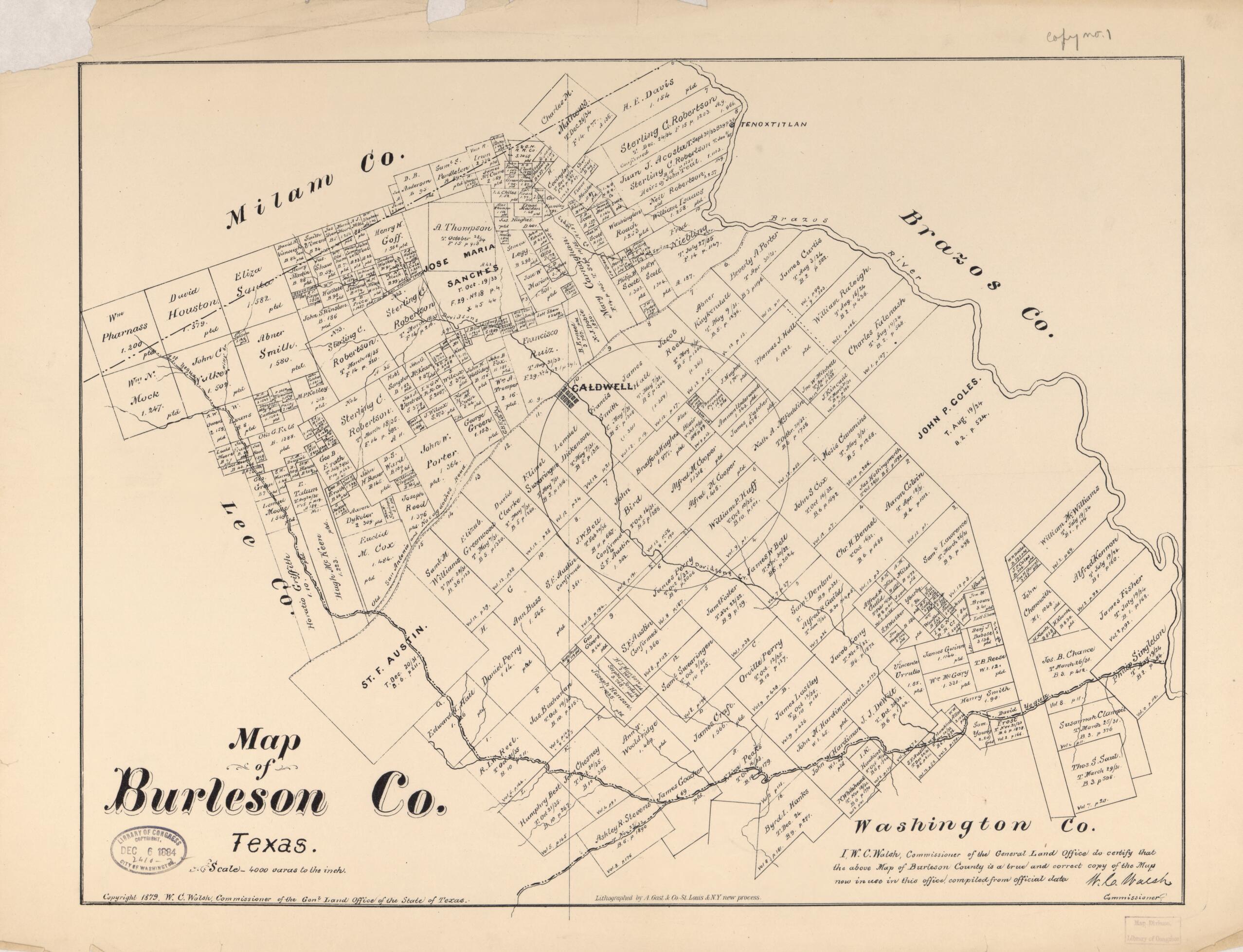 This old map of Map of Burleson Co., Texas from 1879 was created by August Gast & Co, W. C. (William C.) Walsh in 1879