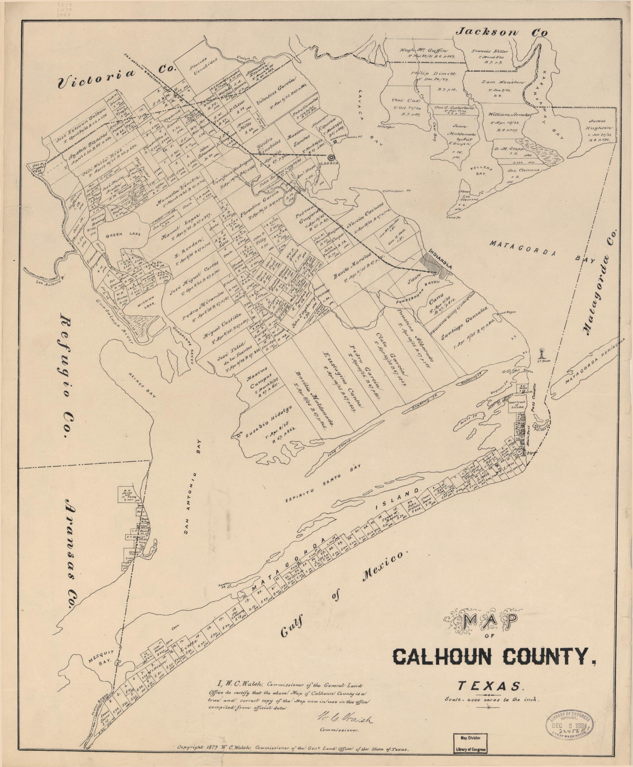 This old map of Map of Calhoun County, Texas from 1879 was created by Texas. General Land Office, W. C. (William C.) Walsh in 1879