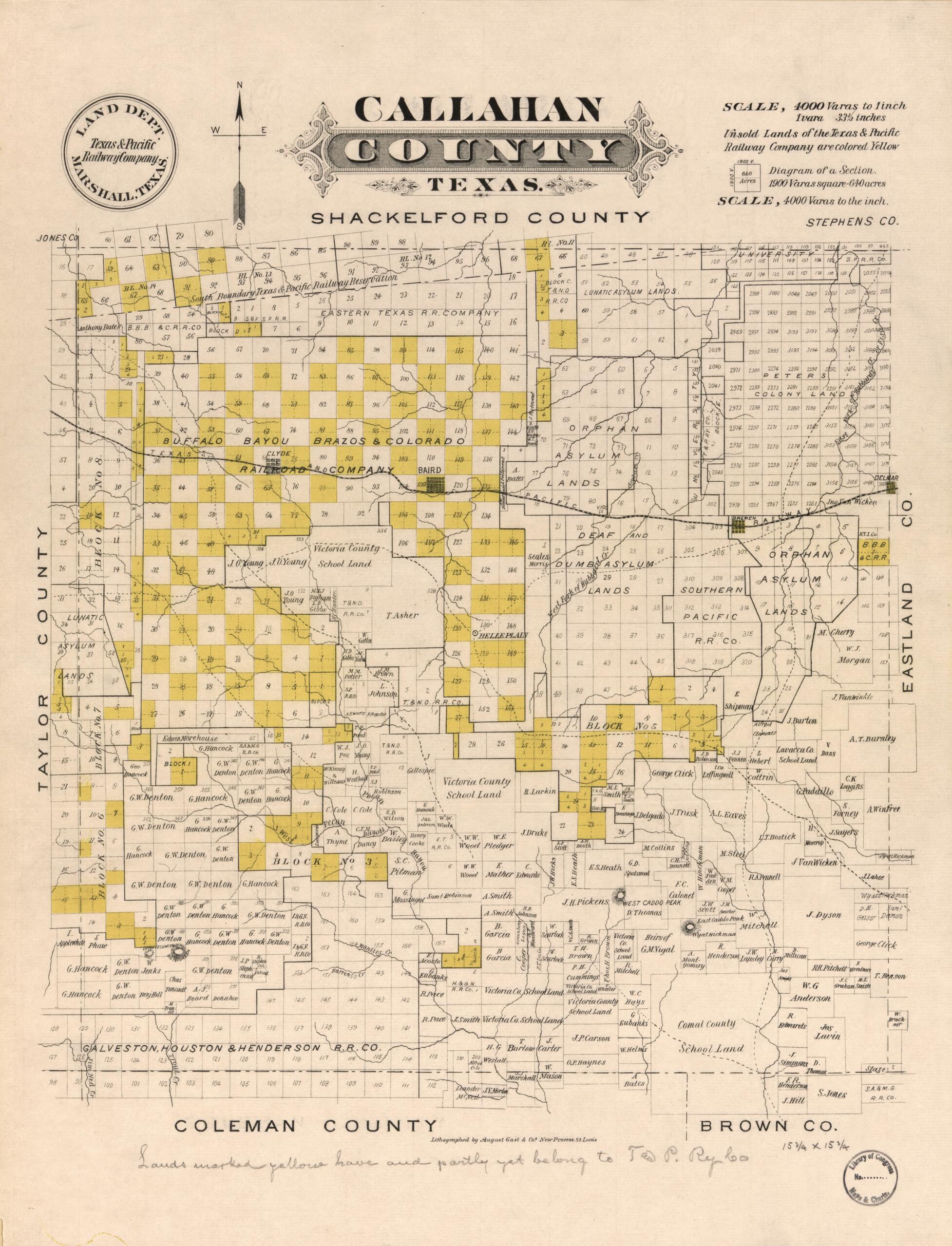 This old map of Callahan County, Texas from 1870 was created by August Gast & Co, Texas & Pacific Railway in 1870