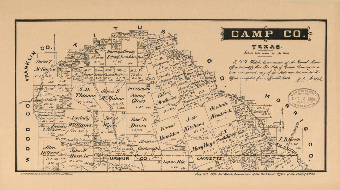 This old map of Camp Co., Texas. (Camp County, Texas) from 1879 was created by August Gast & Co, Texas. General Land Office, W. C. (William C.) Walsh in 1879