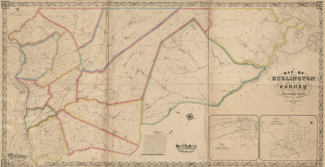 This old map of Map of Burlington County from 1849 was created by Gustavus Kramm, J. W. Otley, Smith & Wistar, R. Whiteford, Geo. (George) Worley in 1849