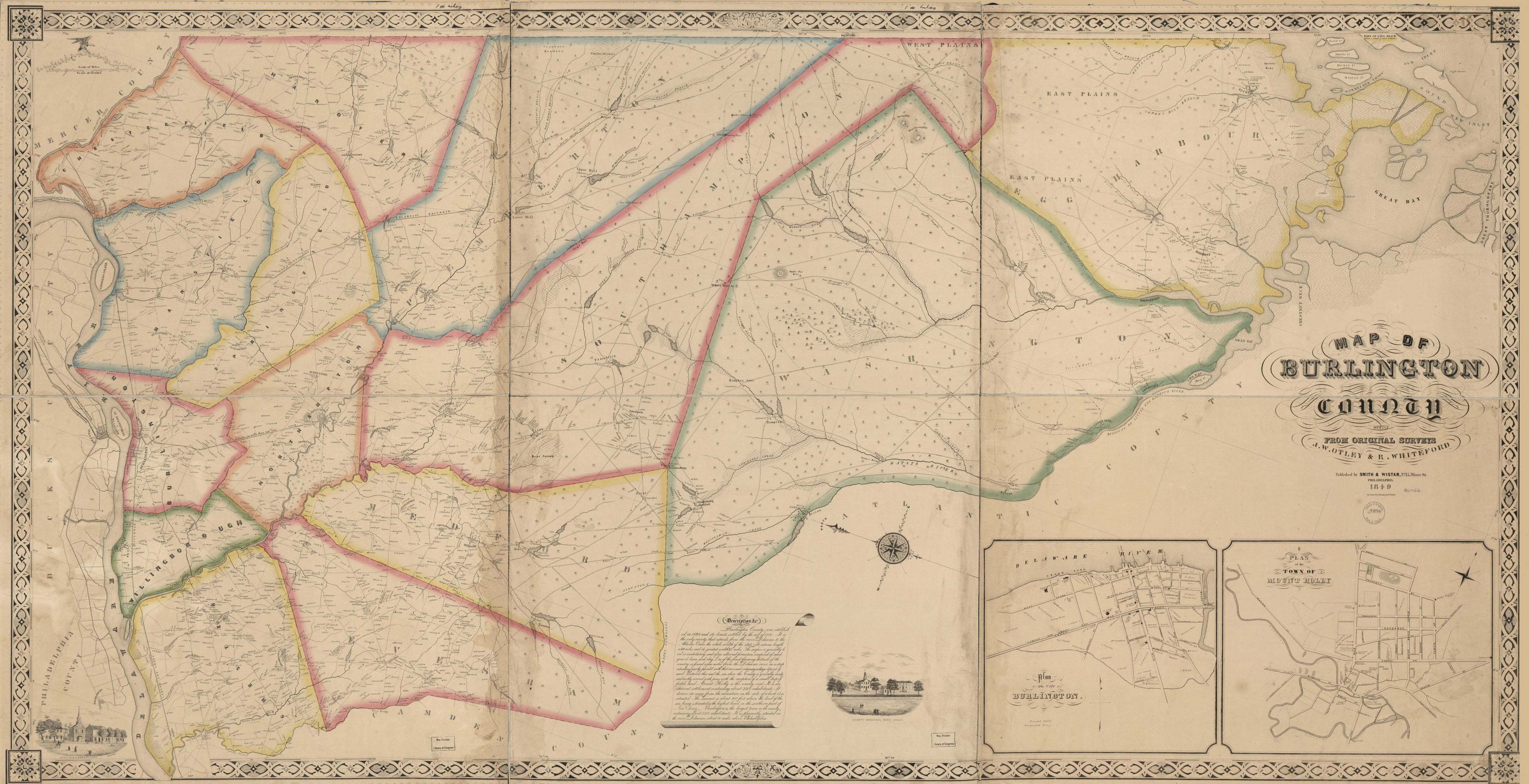 This old map of Map of Burlington County from 1849 was created by Gustavus Kramm, J. W. Otley, Smith & Wistar, R. Whiteford, Geo. (George) Worley in 1849