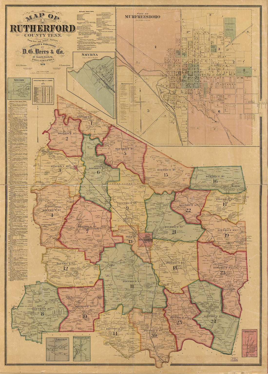 This old map of Map of Rutherford County, Tennessee : from Actual Surveys (Map of Rutherford County, Tennessee) from 1878 was created by D. G. (Daniel G.) Beers, D.G. Beers & Co, J. Lanagan, Worley & Bracher in 1878