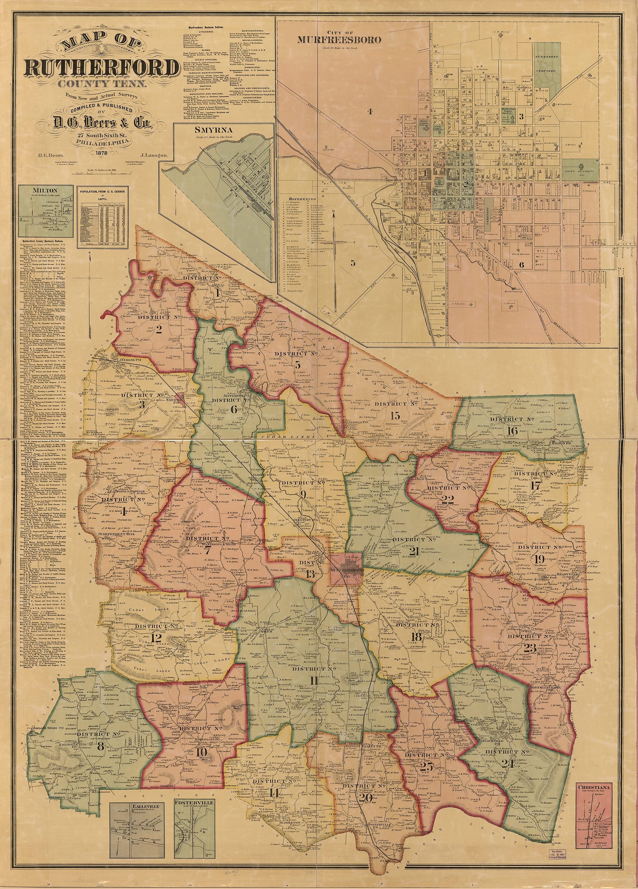 This old map of Map of Rutherford County, Tennessee : from Actual Surveys (Map of Rutherford County, Tennessee) from 1878 was created by D. G. (Daniel G.) Beers, D.G. Beers & Co, J. Lanagan, Worley & Bracher in 1878