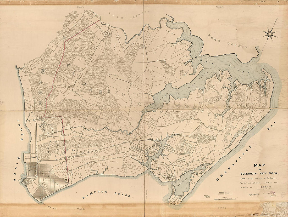 This old map of Map of Elizabeth City CO, VA. : from Actual Surveys by E.A. Semple, Wm. Ivy and C. Hubbard (Map of Elizabeth City County, Virginia) from 1892 was created by E.W. Smith & Co, C. Hubbard, Wm Ivy, E. A. (Edward Armistead) Semple in 1892