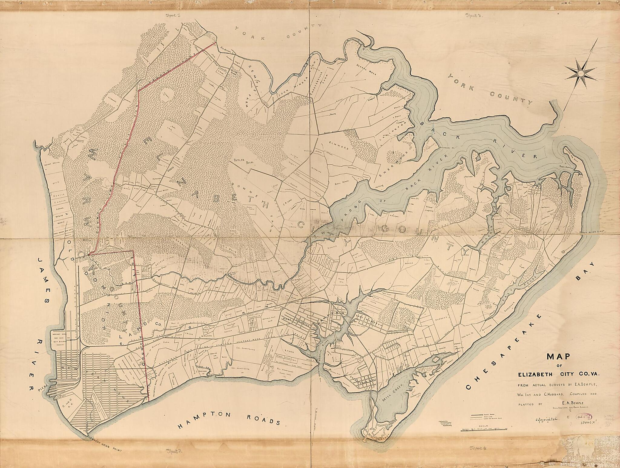 This old map of Map of Elizabeth City CO, VA. : from Actual Surveys by E.A. Semple, Wm. Ivy and C. Hubbard (Map of Elizabeth City County, Virginia) from 1892 was created by E.W. Smith & Co, C. Hubbard, Wm Ivy, E. A. (Edward Armistead) Semple in 1892