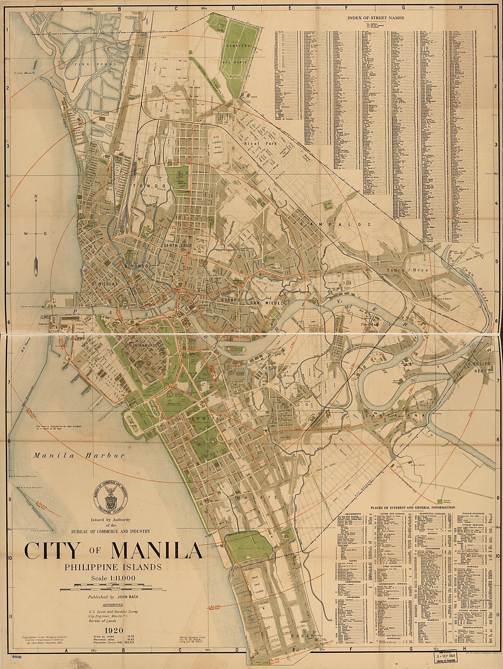 This old map of City of Manila, Philippine Islands from 1920 was created by John Bach, Carmelo & Bauermann, Philippines. Bureau of Commerce and Industry in 1920