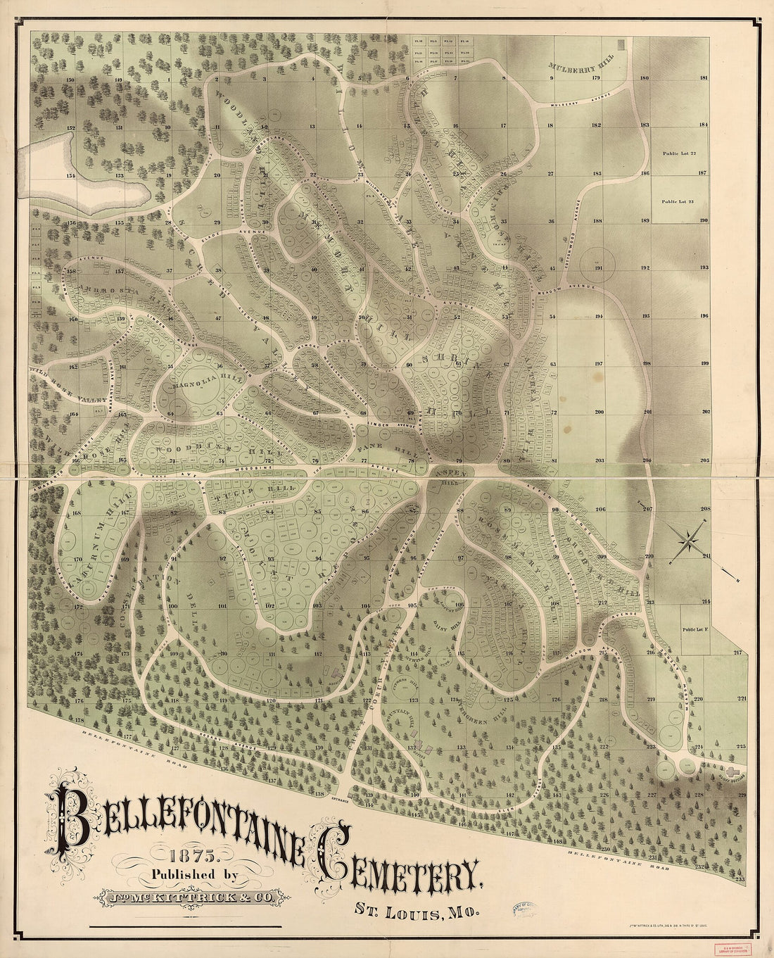 This old map of Bellefontaine Cemetery, St. Louis, Mo. (Bellefontaine Cemetery, Saint Louis, Missouri) from 1875 was created by Jno. McKittrick & Co in 1875