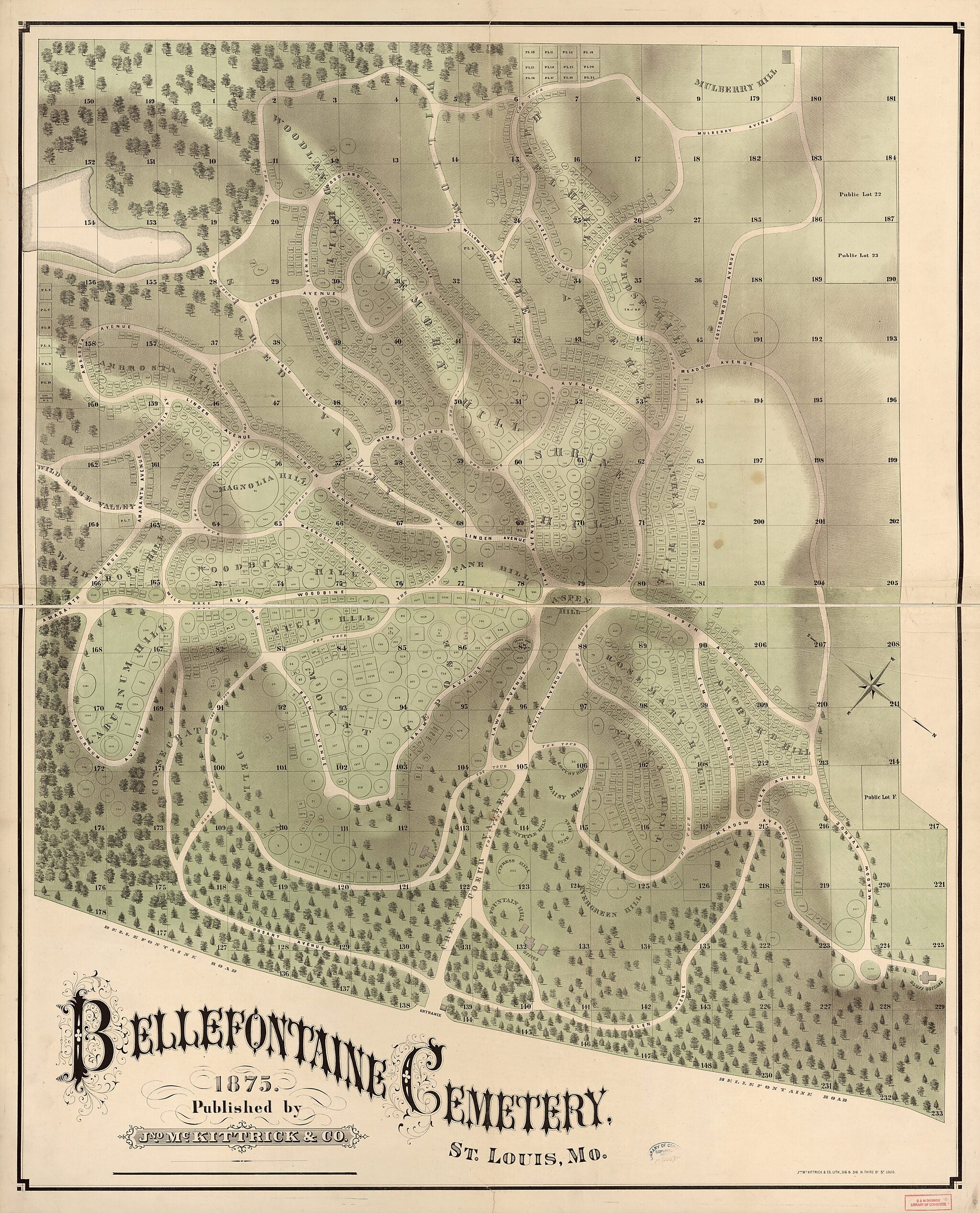 This old map of Bellefontaine Cemetery, St. Louis, Mo. (Bellefontaine Cemetery, Saint Louis, Missouri) from 1875 was created by Jno. McKittrick & Co in 1875