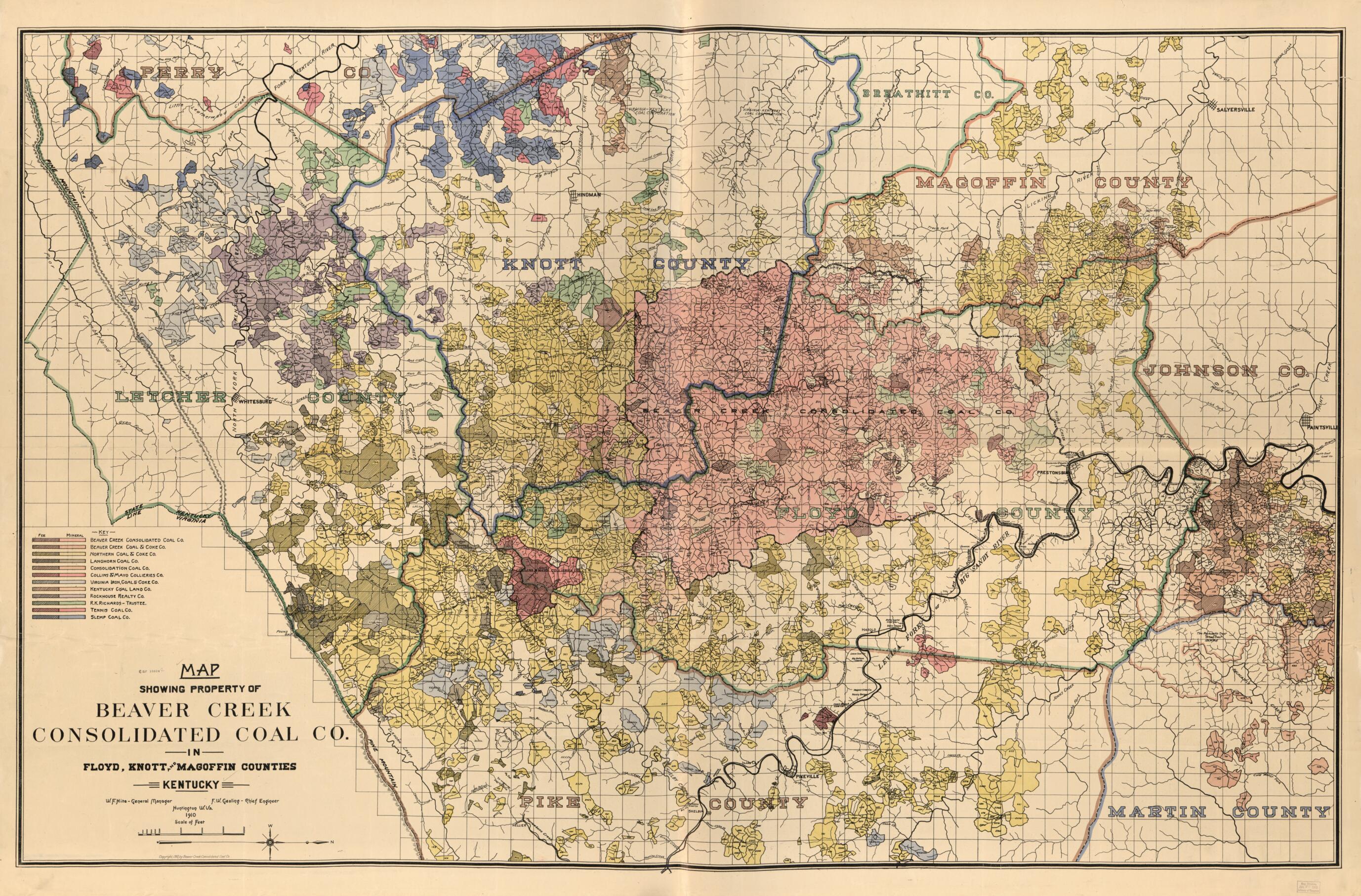 This old map of Map Showing Property of Beaver Creek Consolidated Coal Co. In Floyd, Knott and Magoffin Counties, Kentucky (Map Showing Property of Beaver Creek Consolidated Coal Company In Floyd, Knott and Magoffin Counties, Kentucky) from 1910 was crea