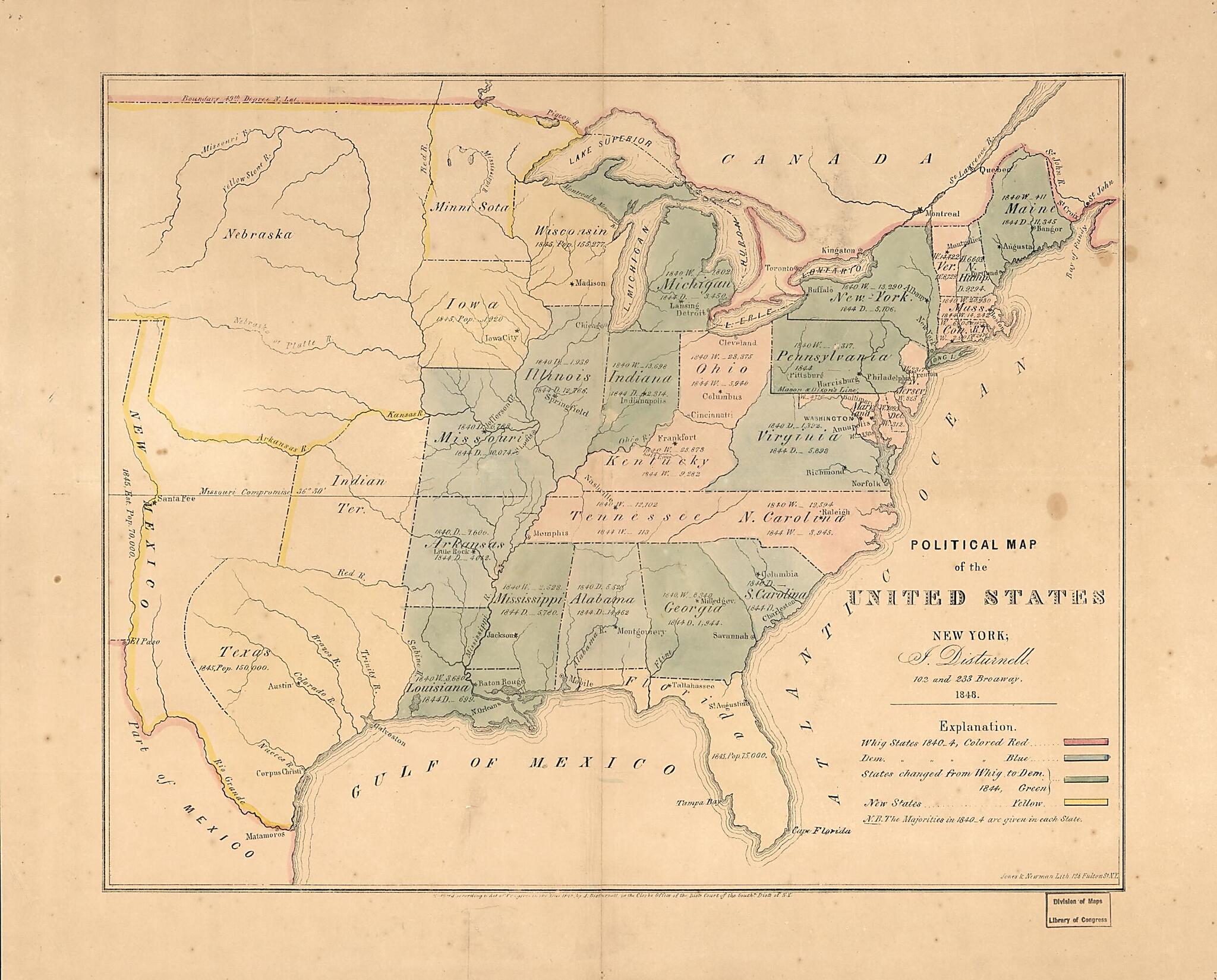 This old map of Political Map of the United States from 1848 was created by John Disturnell, Jones & Newman in 1848