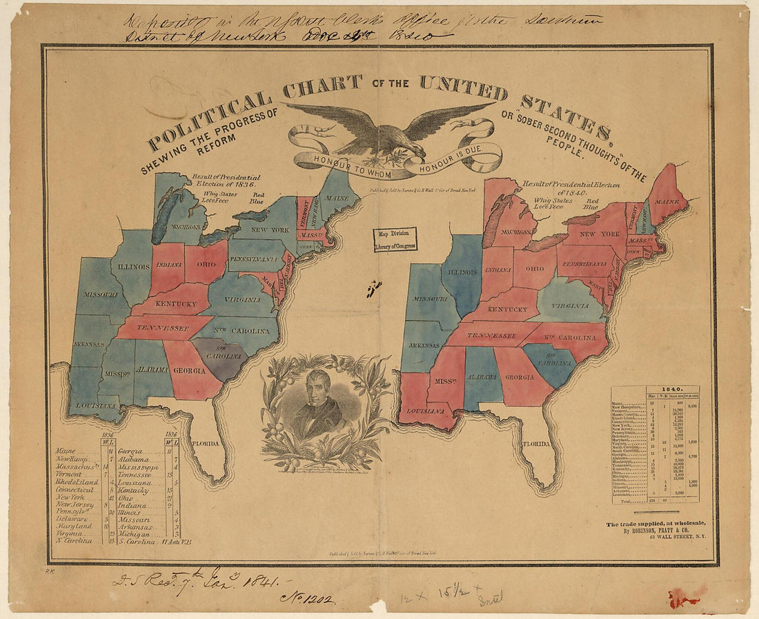 This old map of Political Chart of the United States : Shewing the Progress of Reform, Or Sober Second Thoughts of the People from 1840 was created by Narine & Co, Pratt & Co Robinson in 1840