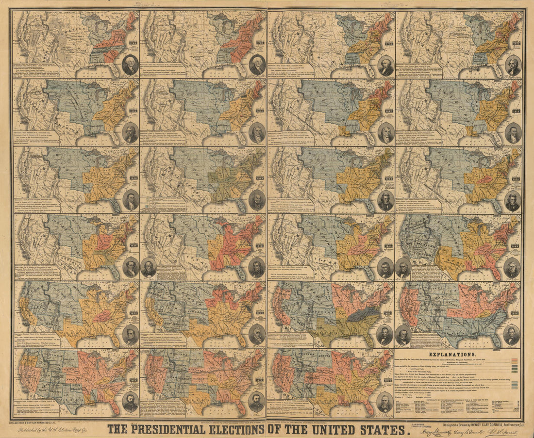 This old map of The Presidential Elections of the United States from 1877 was created by Britton & Rey, Henry Clay Donnell in 1877
