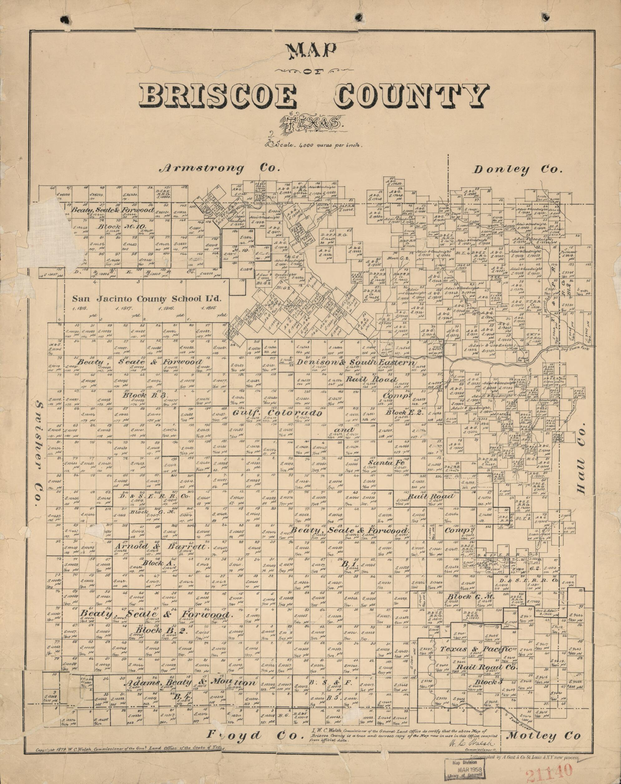 This old map of Map of Briscoe County, Texas from 1879 was created by August Gast & Co, Texas. General Land Office, W. C. (William C.) Walsh in 1879